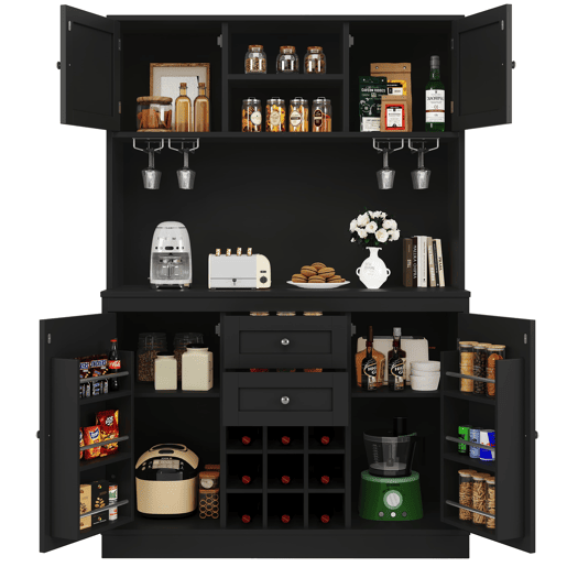 Aparador de cozinha com 4 portas - Prateleiras ajustáveis, vinoteca, 2 gavetas - Preto