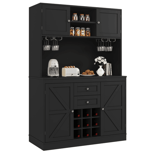 Aparador de cozinha com 4 portas - Prateleiras ajustáveis, vinoteca, 2 gavetas - Preto
