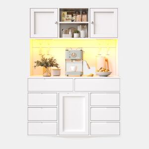Armário alto moderno 120×40×183,5 cm - LED, 8 gavetas, USB, prateleiras ajustáveis - Branco
