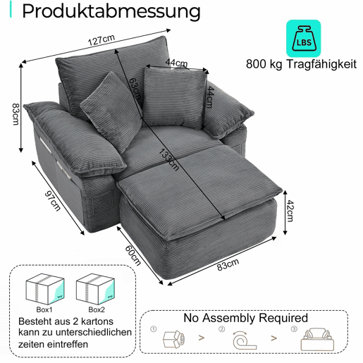 Sofá modular de 1 lugar - sofá-cama sem montagem, Cloud Couch macio com apoio para os pés, bolsos de arrumação, combinação modular - cinzento claro