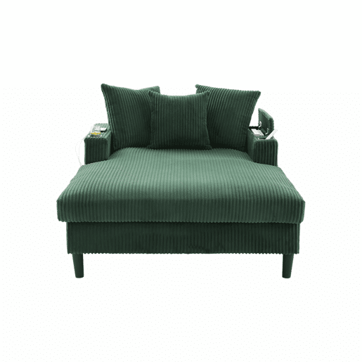 Sofá Lounge de 1 lugar - Multifuncional com chaise longue, porta-copos, iluminação LED, espaço de arrumação e porta USB - Verde-esmeralda