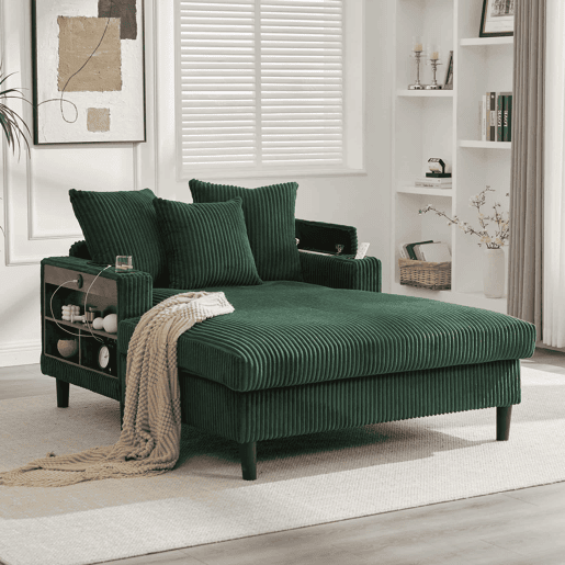 Sofá Lounge de 1 lugar - Multifuncional com chaise longue, porta-copos, iluminação LED, espaço de arrumação e porta USB - Verde-esmeralda