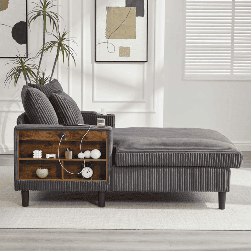 Sofá Lounge Multifuncional de 1 lugar - Com chaise longue, suportes para bebidas em ambos os lados, iluminação LED, espaço de arrumação, porta de carregamento USB, estilo moderno - Cinza escuro