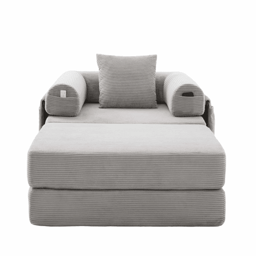 Sofá-cama individual - Ergonómico, com pufe e estrutura metálica robusta - Cinza claro