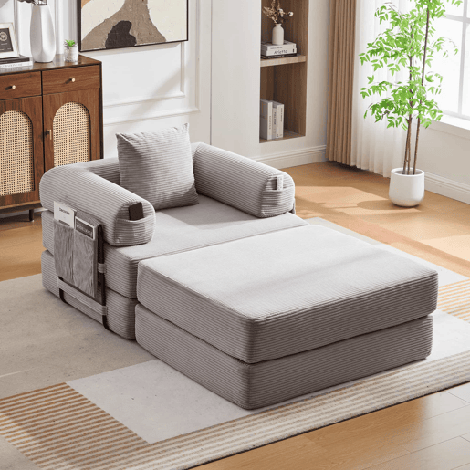 Sofá-cama individual - Ergonómico, com pufe e estrutura metálica robusta - Cinza claro