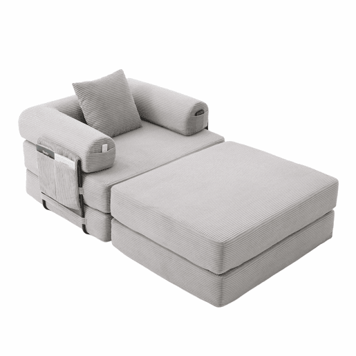 Sofá-cama individual - Ergonómico, com pufe e estrutura metálica robusta - Cinza claro