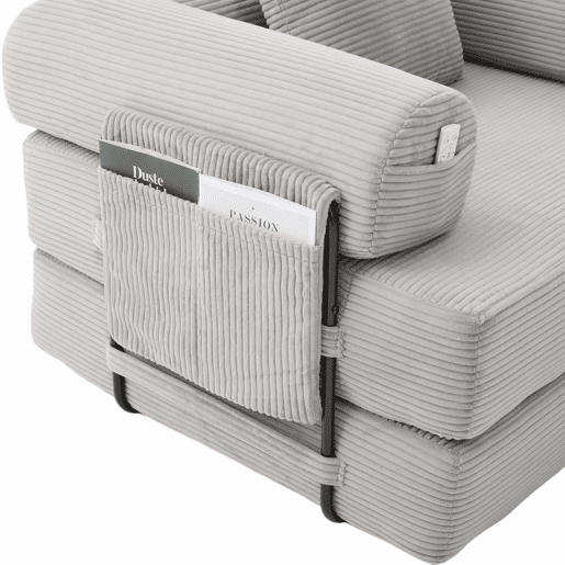 Sofá-cama individual - Ergonómico, com pufe e estrutura metálica robusta - Cinza claro