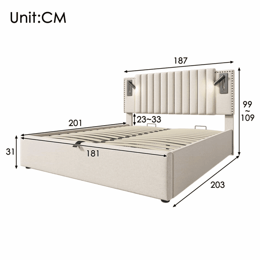Cama estofada 180x200 - de casal com arrumação, cabeceira com luz de leitura e porta USB, encosto com design de rebites, base e baú - bege