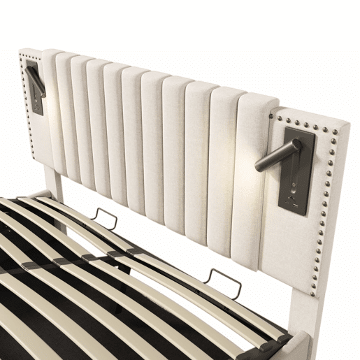 Cama estofada 180x200 - de casal com arrumação, cabeceira com luz de leitura e porta USB, encosto com design de rebites, base e baú - bege