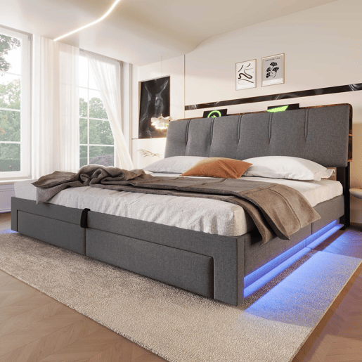 Cama estofada 180x200 cm - armazenamento hidráulico, USB Tipo-C, LED, sem colchão, armazenamento multifuncional, controlo por botãoaplicação - cinzento