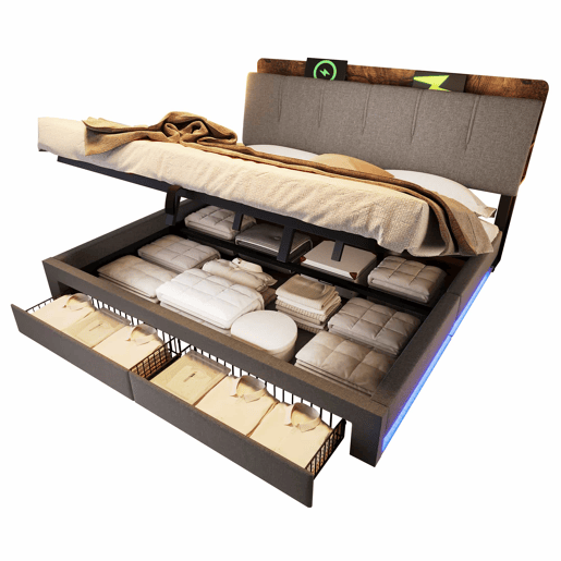 Cama estofada 180x200 cm - armazenamento hidráulico, USB Tipo-C, LED, sem colchão, armazenamento multifuncional, controlo por botãoaplicação - cinzento