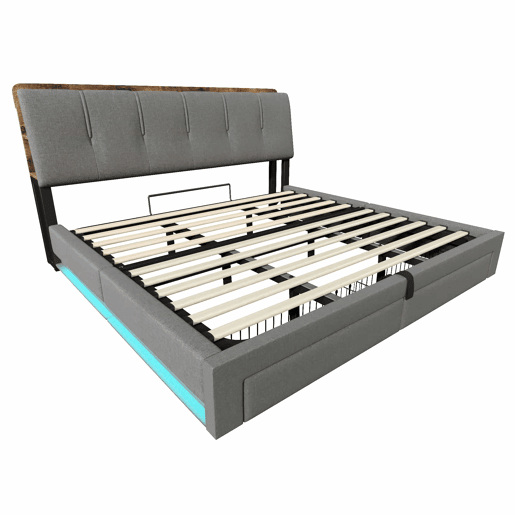 Cama estofada 180x200 cm - armazenamento hidráulico, USB Tipo-C, LED, sem colchão, armazenamento multifuncional, controlo por botãoaplicação - cinzento