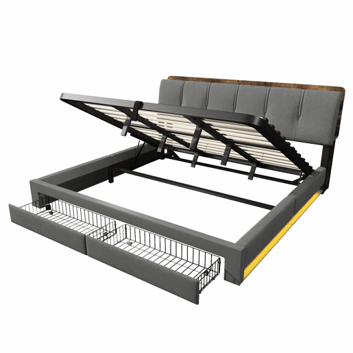 Cama estofada 180x200 cm - armazenamento hidráulico, USB Tipo-C, LED, sem colchão, armazenamento multifuncional, controlo por botãoaplicação - cinzento