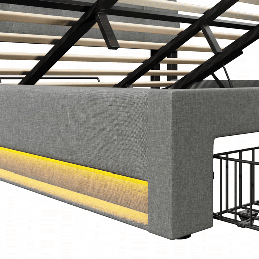 Cama estofada 180x200 cm - armazenamento hidráulico, USB Tipo-C, LED, sem colchão, armazenamento multifuncional, controlo por botãoaplicação - cinzento