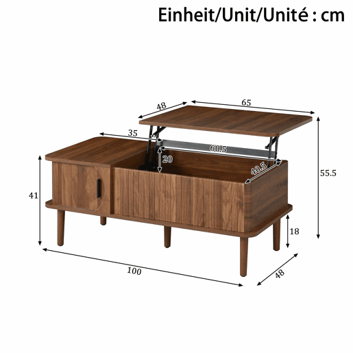 Mesa de centro com altura ajustável - estilo retro moderno, tampo com altura regulável, porta de correr, acabamento em efeito nogueira, ranhuras verticais, pés de madeira, multifuncional - Nogueira Mesa de centro com altura ajustável - estilo retro moderno, tampo com altura regulável, porta de correr, acabamento em efeito nogueira, ranhuras verticais, pés de madeira, multifuncional - Nogueira