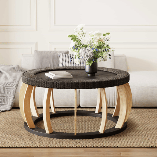 Mesa de centro redonda de 90 cm - rattan e madeira maciça, pernas curvas em estilo boho - preto e castanho