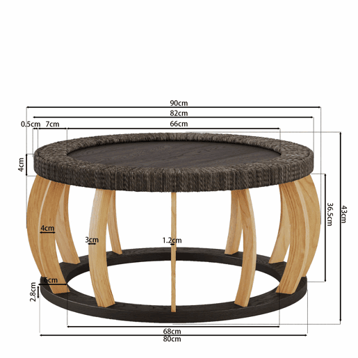 Mesa de centro redonda de 90 cm - rattan e madeira maciça, pernas curvas em estilo boho - preto e castanho
