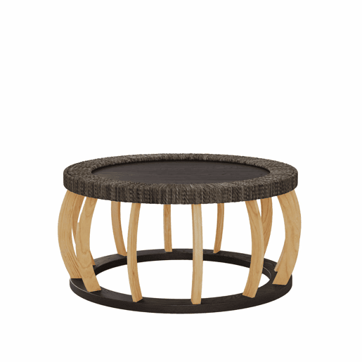 Mesa de centro redonda de 90 cm - rattan e madeira maciça, pernas curvas em estilo boho - preto e castanho