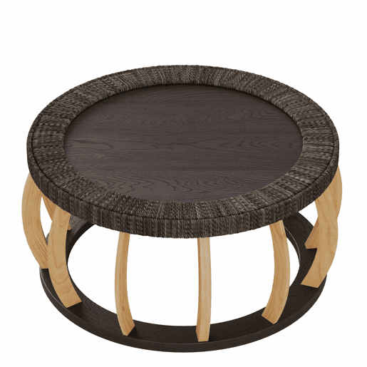 Mesa de centro redonda de 90 cm - rattan e madeira maciça, pernas curvas em estilo boho - preto e castanho