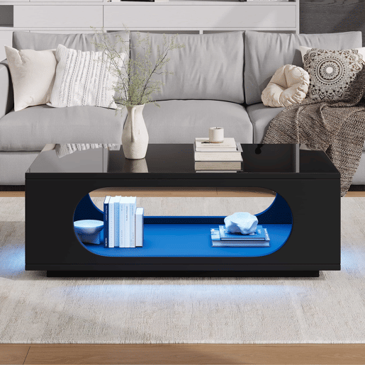 Mesa de centro com LED 100x50x35 cm - controlo por aplicação, MDF, acabamento de alto brilho, espaço de arrumação, design perfurado - preto
