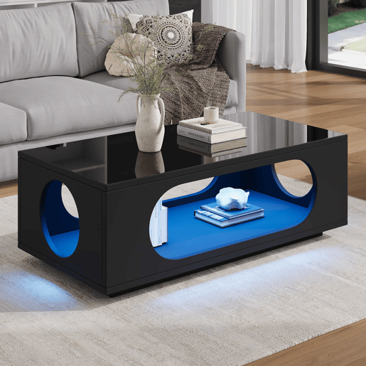 Mesa de centro com LED 100x50x35 cm - controlo por aplicação, MDF, acabamento de alto brilho, espaço de arrumação, design perfurado - preto