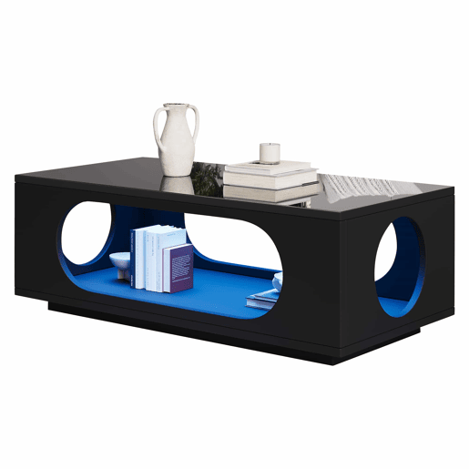 Mesa de centro com LED 100x50x35 cm - controlo por aplicação, MDF, acabamento de alto brilho, espaço de arrumação, design perfurado - preto