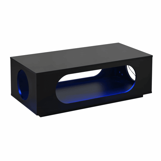 Mesa de centro com LED 100x50x35 cm - controlo por aplicação, MDF, acabamento de alto brilho, espaço de arrumação, design perfurado - preto