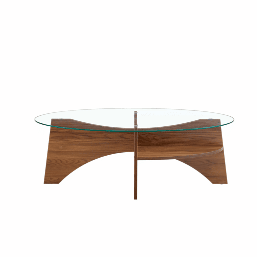 Mesa de café ovalada - 104,9 x 60 cm - Estrutura em madeira de nogueira com prateleiras dispostas diagonalmente e nível de armazenamento integrado - Cor transparente, nogueira