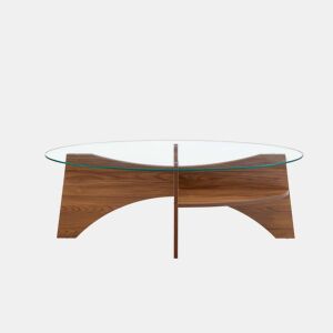 Mesa de café ovalada - 104,9 x 60 cm - Estrutura em madeira de nogueira com prateleiras dispostas diagonalmente e nÃvel de armazenamento integrado - Cor transparente, nogueira