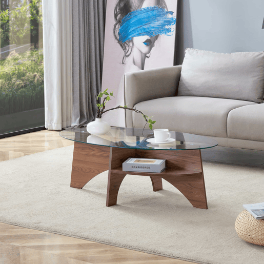 Mesa de café ovalada - 104,9 x 60 cm - Estrutura em madeira de nogueira com prateleiras dispostas diagonalmente e nível de armazenamento integrado - Cor transparente, nogueira