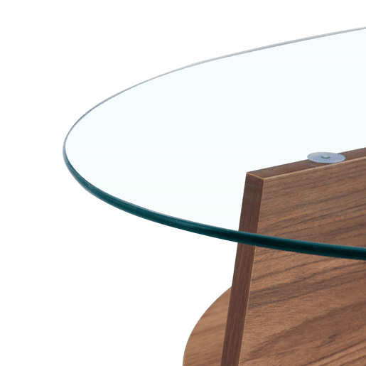 Mesa de café ovalada - 104,9 x 60 cm - Estrutura em madeira de nogueira com prateleiras dispostas diagonalmente e nível de armazenamento integrado - Cor transparente, nogueira