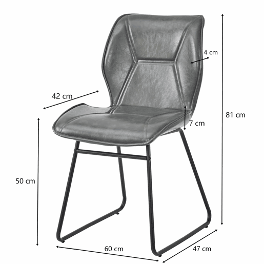 Cadeiras de jantar (2 unidades) - Cadeiras em couro sintético com estrutura metálica, cadeiras estofadas para sala de jantar, sala de estar e escritório - Cinza
