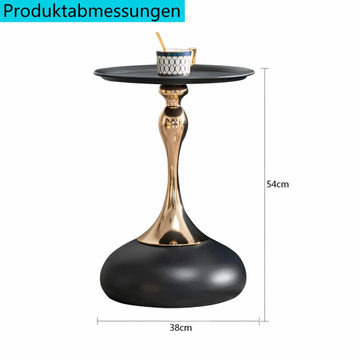 Mesa auxiliar moderna + 38 cm - Mesa redonda com base em metal, mesa de cabeceira e mesa de chá, mesa de apoio para canto - Preto + Dourado