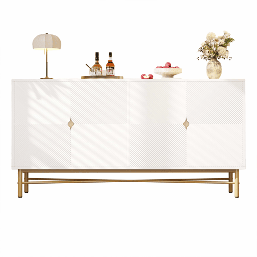 Aparador 160 x 40 x 82 cm - textura em relevo, quatro portas, puxadores dourados escovados, pés com acabamento de alto brilho - branco