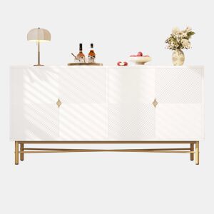 Aparador 160 x 40 x 82 cm - textura em relevo, quatro portas, puxadores dourados escovados, pés com acabamento de alto brilho - branco