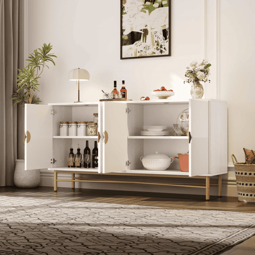 Aparador 160 x 40 x 82 cm - textura em relevo, quatro portas, puxadores dourados escovados, pés com acabamento de alto brilho - branco