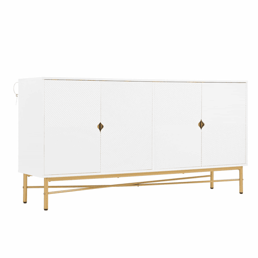 Aparador 160 x 40 x 82 cm - textura em relevo, quatro portas, puxadores dourados escovados, pés com acabamento de alto brilho - branco