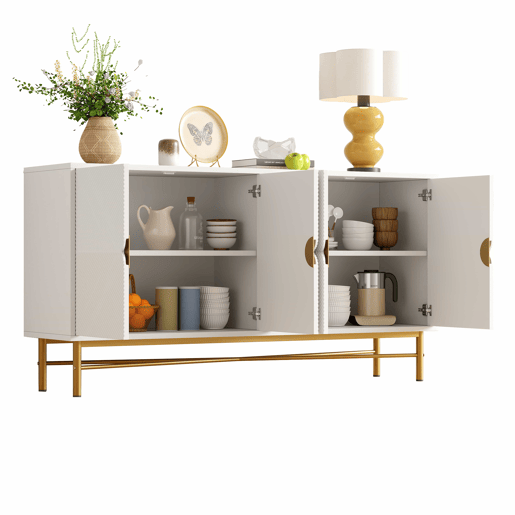 Aparador 160 x 40 x 82 cm - textura em relevo, quatro portas, puxadores dourados escovados, pés com acabamento de alto brilho - branco