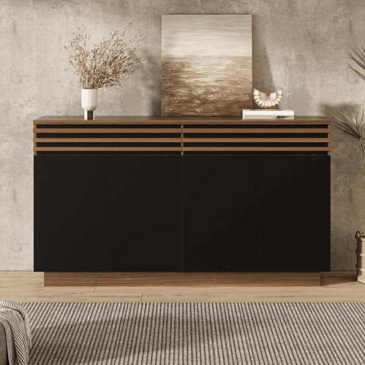 Aparador 150 x 40 x 85 cm - 2 gavetas e 4 portas, design moderno - Preto e castanho