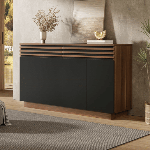 Aparador 150 x 40 x 85 cm - 2 gavetas e 4 portas, design moderno - Preto e castanho