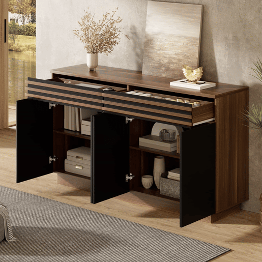 Aparador 150 x 40 x 85 cm - 2 gavetas e 4 portas, design moderno - Preto e castanho