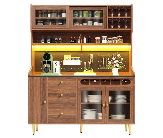 Armario alto salón 145x39x171 cm - estantes ajustables, led, cajón con botellero - nogal