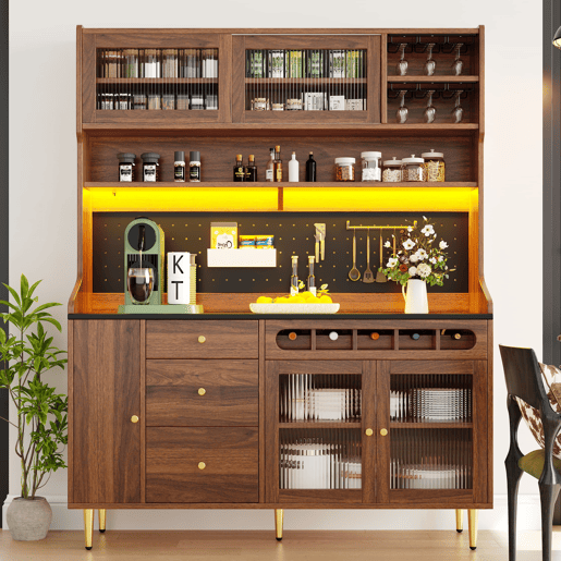 Armário alto para sala 145x39x171 cm - prateleiras ajustáveis, LED, gaveta com garrafeira - nogueira Armário alto para sala 145x39x171 cm - prateleiras ajustáveis, LED, gaveta com garrafeira - nogueira