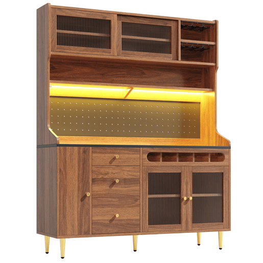 Armário alto para sala 145x39x171 cm - prateleiras ajustáveis, LED, gaveta com garrafeira - nogueira Armário alto para sala 145x39x171 cm - prateleiras ajustáveis, LED, gaveta com garrafeira - nogueira