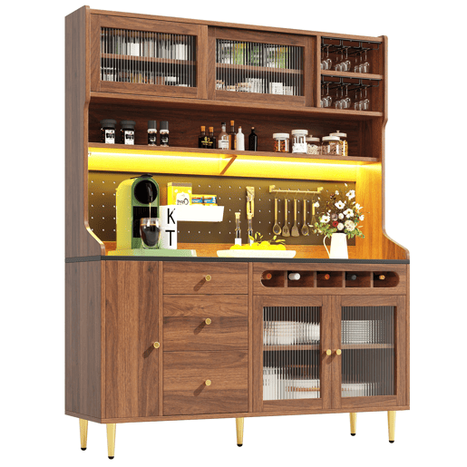 Armário alto para sala 145x39x171 cm - prateleiras ajustáveis, LED, gaveta com garrafeira - nogueira Armário alto para sala 145x39x171 cm - prateleiras ajustáveis, LED, gaveta com garrafeira - nogueira