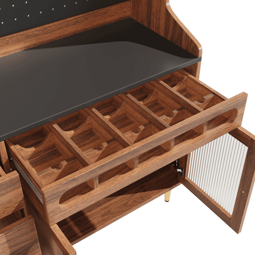 Armário alto para sala 145x39x171 cm - prateleiras ajustáveis, LED, gaveta com garrafeira - nogueira Armário alto para sala 145x39x171 cm - prateleiras ajustáveis, LED, gaveta com garrafeira - nogueira