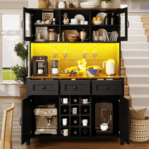 Armário de cozinha 120x40x170 cm - 4 portas, 3 gavetas, LED, USB, preto