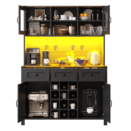 Armário de cozinha 120x40x170 cm - 4 portas, 3 gavetas, LED, USB, preto
