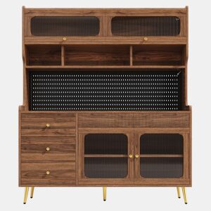 Aparador moderno 145x39x171 cm - LED, app, armazenamento com prateleiras e gaveta - Nogueira
