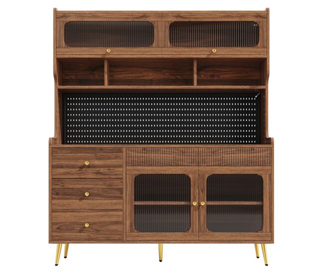 Aparador moderno 145x39x171 cm - led, app, almacenamiento con estantes y cajón - nogal